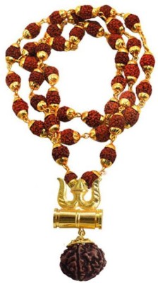 DvR ClicK Religious Jewelry Lord Shiv Damru Locket With Puchmukhi Rudraksha Mala Gold-plated Plated Wood Chain Gold-plated Brass, Wood Gold-plated Plated Brass Chain