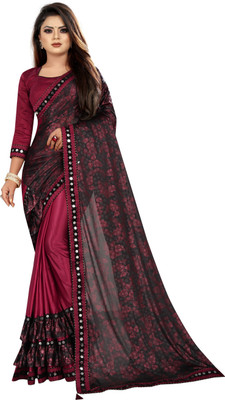 TVISHAFASHION Printed Bollywood Lycra Blend Saree(Maroon)