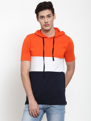 KALT Striped Men Hooded Neck Orange T-Shirt