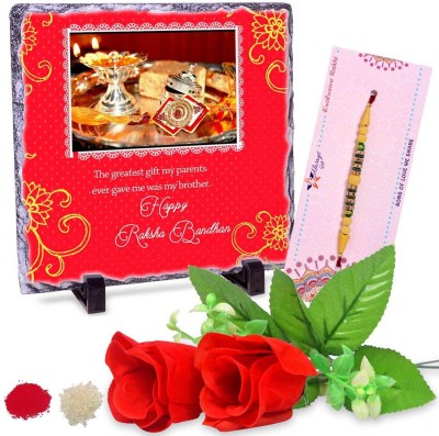 alwaysgift Artificial Flower, Showpiece, Chawal Roli Pack, Rakhi  Set(Rock Tile, Roli Chawal, Rakhi, 2 Red Roses)