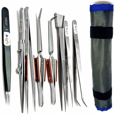 ATAR Atargoods Metal Silver Tweezers Fiber Grip Cross Locking with Case-Set of 8