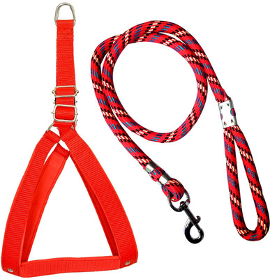 BODY BUILDING Dog Belt Combo of Red Nylon Padded Dog Body Cross Harness with Red Lead 1.5m Lengthy Dog Harness & Leash(Medium, Red)