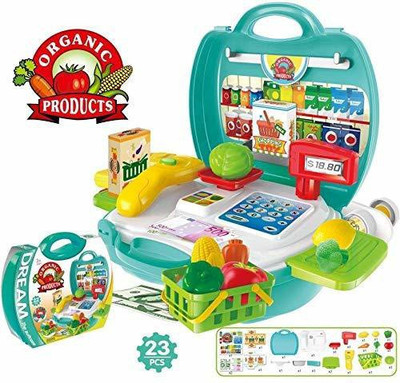TradVision Organic Vegetable Products & Cash Register Supermarket Play Set Dream The Suitcase - 23 Plastic Parts & Accessories - Easy Assembly