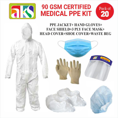 AKS BY. ARYAN ADVERTISING CERTIFIED 90GSM REUSABLE CLOTH MEDICAL PPE KIT (PPE JACKET+ HAND GLOVES+FACE SHIELD+3 PLY FACE MASK+HEAD COVER+SHOE COVER +WASTE BAG (PACK OF 20) Safety Jacket(WHITE (PACK OF 20)) AKS BY. ARYAN ADVERTISING CERTIFIED 90GSM REUSABLE CLOTH MEDICAL PPE KIT (PPE JACKET+ HAND GLOVES+FACE SHIELD+3 PLY FACE MASK+HEAD COVER+SHOE COVER +WASTE BAG (PACK OF 20) Safety Jacket(WHITE (PACK OF 20))