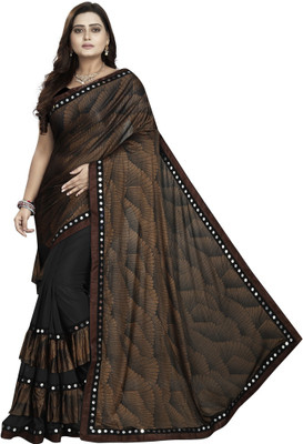 3Buddy Fashion Printed, Embellished Bollywood Lycra Blend Saree(Brown)