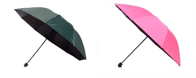 CHATTRI WALA Water Begin Bloom Magic Compact Sun Travel Umbrellas for Women, Best Size , Anti-Uv Dome Shape, Sun/Rain Umbrella (pack of 2) Umbrella(Green, Pink)