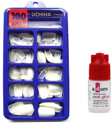 Uchiha Reusable Face Acrylic 100 Artificial Nail with Glue white(Pack of 100)