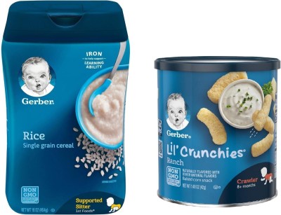 GERBER Cereal & Lil Crunchies Combo (Pack of 2) - Rice Cereal (16oz) + Ranch Crunchies Cereal(269 g, Pack of 2, 6+ Months)