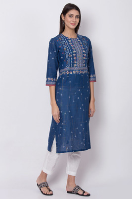 biba-women-printed-straight-kurtadark-blue-white