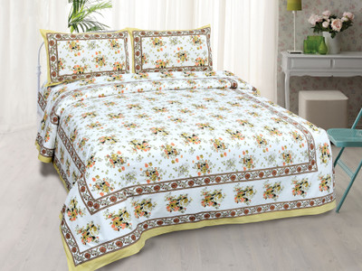 BATHAM HANDLOOM 151 TC Cotton Double Jaipuri Prints Flat Bedsheet(Pack of 2, White)