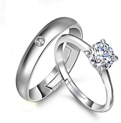 MYKI Elegant Solitaire Wedding Adjustable Couple Rings (Pack of 2) Stainless Steel Swarovski Zirconia Silver Plated Ring Set
