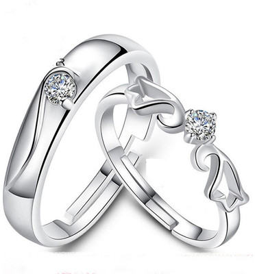 MYKI Angel Wings Elegant Adjustable Couple Rings (Pack of 2) Stainless Steel Swarovski Zirconia Silver Plated Ring Set