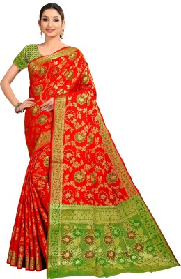 COSBILA FASHION Printed Banarasi Silk Blend, Jacquard Saree(Red)