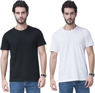 eDESIRE Solid Men Round Neck White, Black T-Shirt