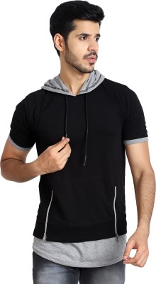 Black Collection Self Design Men Hooded Neck Black, Grey T-Shirt