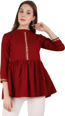 UNFAKENOW Casual 3/4 Sleeve Embroidered Women Maroon Top