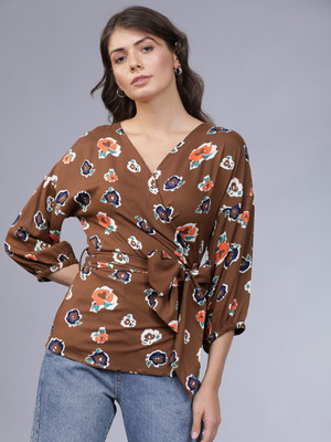 Tokyo Talkies Casual 3/4 Sleeve Printed Women Brown Top
