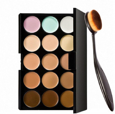 Miss Hot 15 Colors Contour Face Cream Makeup Concealer Palette + Oval Make up Brush(2 Items in the set)