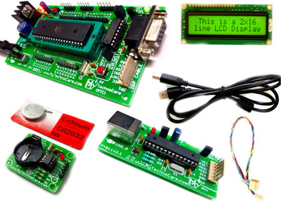 MY TechnoCare 8051 Development Board with USBasp ISP Programmer, MAX232 IC, Atmel AT89S52 Microcontroller Kit (ZIF Socket 40-Pin) + 16x2 LCD Display + DS1307 RTC Real Time Clock Module Educational Electronic Hobby Kit