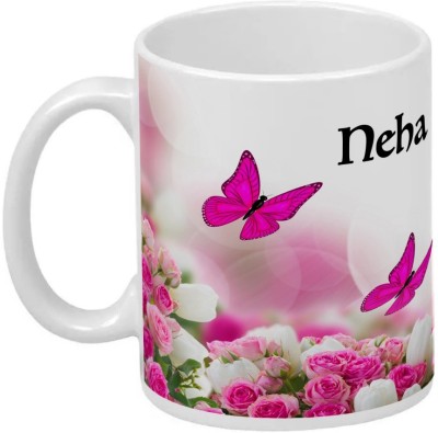 Wagwan Neha Printed Butterflies & Pink Rose Gifts for Girlfriend Wife Sister on Birthday Valentine Rakhi 20MG176_WHT Ceramic Coffee Mug(350 ml)