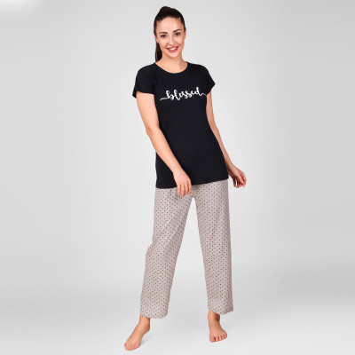 ANIXA Women Printed Black, Grey Top & Pyjama Set