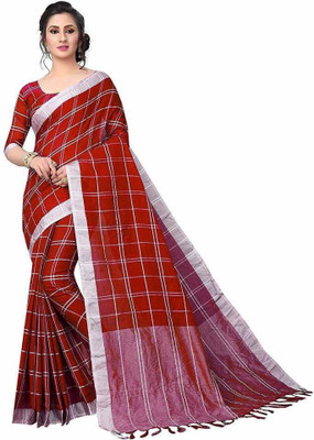 Blissta Checkered Chettinadu Cotton Silk Saree(Red)