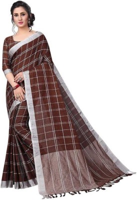 Blissta Checkered Chettinadu Cotton Silk Saree(Brown)