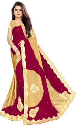 pal fashion Embroidered, Embellished Bollywood Velvet, Lycra Blend Saree(Gold, Maroon)