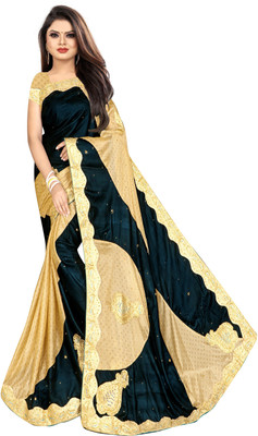 Vihan Fab Embroidered, Embellished Bollywood Velvet, Lycra Blend Saree(Blue)