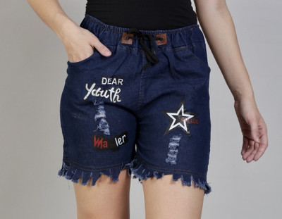 ANJUM APPARELS Printed Women Denim Dark Blue Denim Shorts