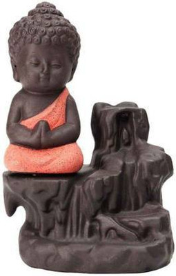 AROHI ENTERPRISES Smoke Backflow Meditating Monk Buddha Cone Incense Holder Decorative Showpiece with 10 free Smoke Incenses Cone | Buddha Idols | Relaxing Meditation Buddha Statue | Showpiece Gifts Set | Decorative Showpiece - 12 cm(Polyresin, Orange, Black)