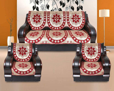 Azotica Cotton 3+2 Seater Sofa Floral Cover(Pack of 6 Maroon)