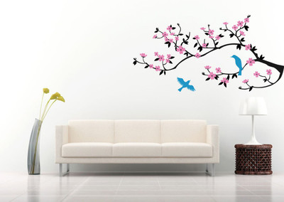 Croun Decals 60 cm Multicolor Tree With Birds And Branch wall Sticker Self Adhesive Sticker(Pack of 1)