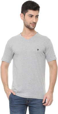 VAN HEUSEN Solid Men V Neck Grey T-Shirt