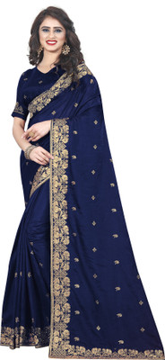 Om Shantam sarees Dyed Bollywood Silk Blend Saree(Dark Blue)