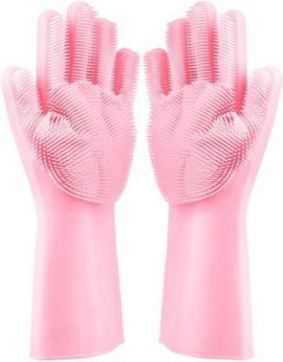 Czech Gloves with Wash Scrubber, Reusable Brush Heat Resistant Gloves Kitchen Tool for Cleaning, Dish Washing, Washing The Car, Pet Hair Care, Bathroom Wet and Dry Glove Set(Free Size Pack of 2)