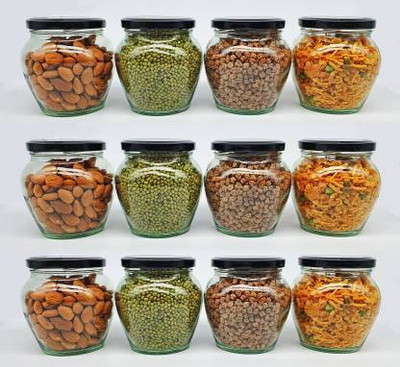 JIGSHTIAL Glass Grocery Container  - 400 ml(Pack of 12, Black)