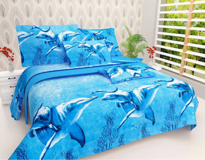 Durga 144 TC Polycotton Double 3D Printed Flat Bedsheet(Pack of 1, Blue)