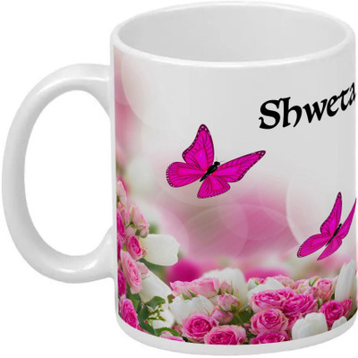 Wagwan Shweta Printed Butterflies & Pink Rose Gifts for Girlfriend Wife Sister on Birthday Valentine Rakhi 20MG215_WHT Ceramic Coffee Mug(350 ml)