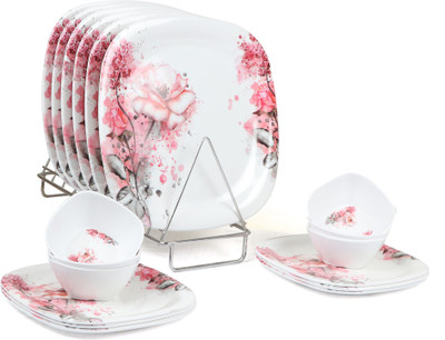 Golden Fish White Base Floral Printed Melamine Full Size Square Dinner Plate(11 Inch), Veg. Bowl & Quarter Plates(7 Inch) (Set of 6 Each) Dinner Plate(Pack of 18)