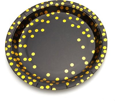 Hippity Hop Black and Gold Foil Polka Dot Disposable Paper Plates Dinnerware Plates for Party(Black) (Pack of 10) Quarter Plate(Pack of 10)