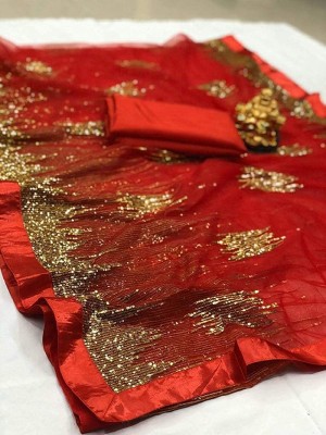 Vihan Fab Embroidered Bollywood Net Saree(Red)