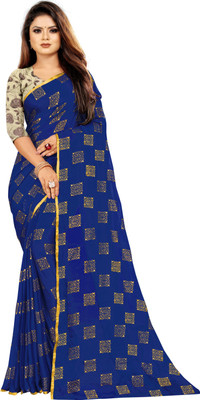 V And V Shop Printed Bollywood Chiffon Saree(Dark Blue)