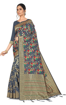 panchaamrit Woven Banarasi Silk Blend Saree(Grey)