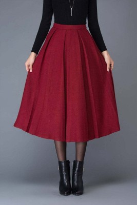 herija Solid Women Pleated Maroon Skirt