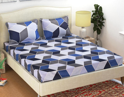 Skytex 140 TC Cotton King Geometric Fitted (Elastic) Bedsheet(Pack of 1, Blue)