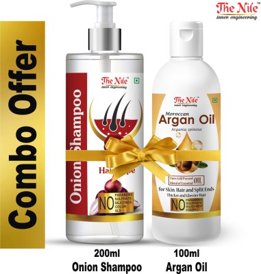 The Nile Onion Shampoo for Hair Growth & Hair Fall Control, with Onion Oil & Plant Keratin for Men & Women 200 ML + Moroccan Argan Hair Oil Pure Cold Pressed Blend of Essential Oil for Skin, Hair and Split Ends Thicker and Glossier Hair 100 ML Combo Offer Men & Women (300 ml)(2 Items in the set)