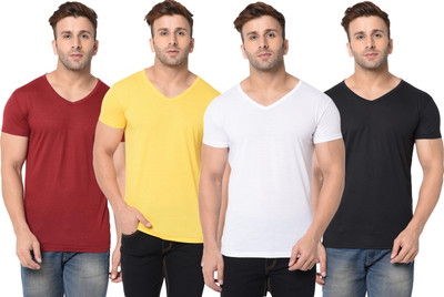 Jangoboy Solid Men V Neck Multicolor T-Shirt