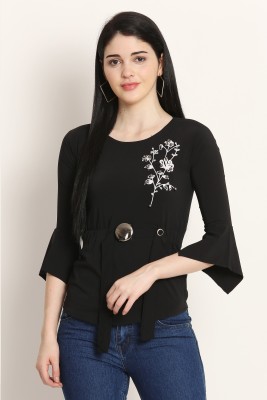 indy made Casual Bell Sleeve Embroidered, Printed Women Black Top