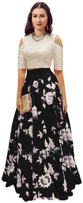 Saadhvi Printed Semi Stitched Lehenga Choli(White, Black)
